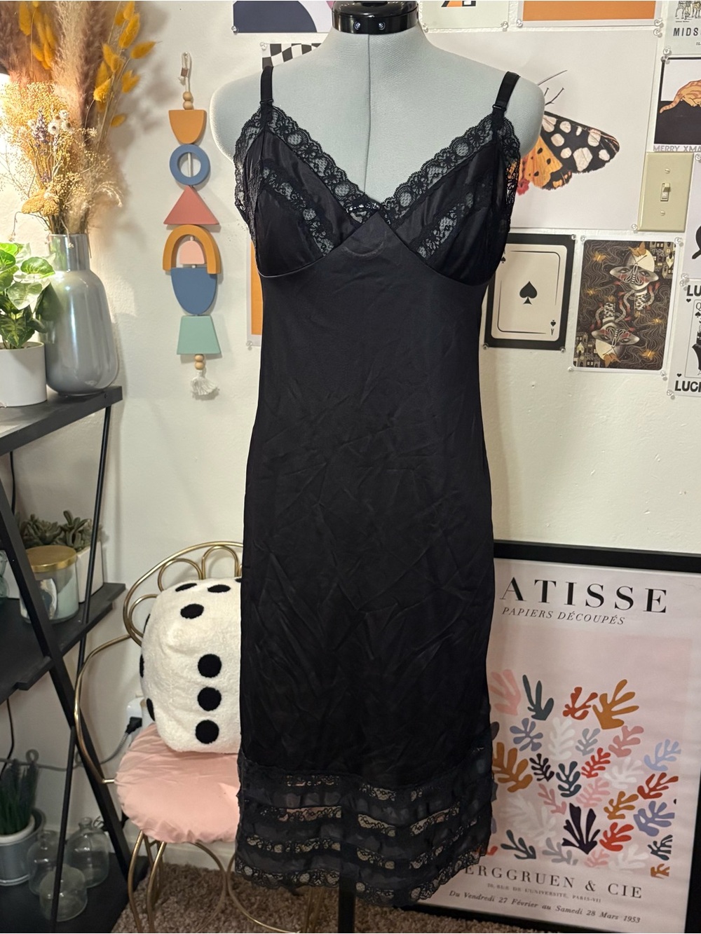 Vintage Black Lace Trim Satin Slip Dress Nightgown – Midi Length